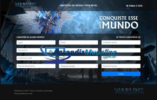 Entrada com registro para Mu Online, Mu Warline , desenvolvedor CWF , aprendiz mu online, download gratuito link direto, melhor portal do Brasil, criar mu online pirata.
